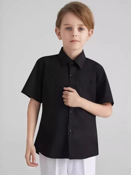 Однотонная черно-белая рубашка с отворотом и пуговицами для мальчиков, детский опрятный топ с коротким рукавом для повседневной носки, официального мероприятия