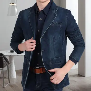 Популярный джинсовый блейзер, осенний приталенный костюм с карманами, универсальное мужское пальто, уличная одежда