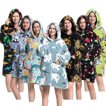 Фланелевая уличная термальная пижама с зимним капюшоном, Носимые одеяла, размер Оверсайз для взрослых, пижамы с динозавром-монстром