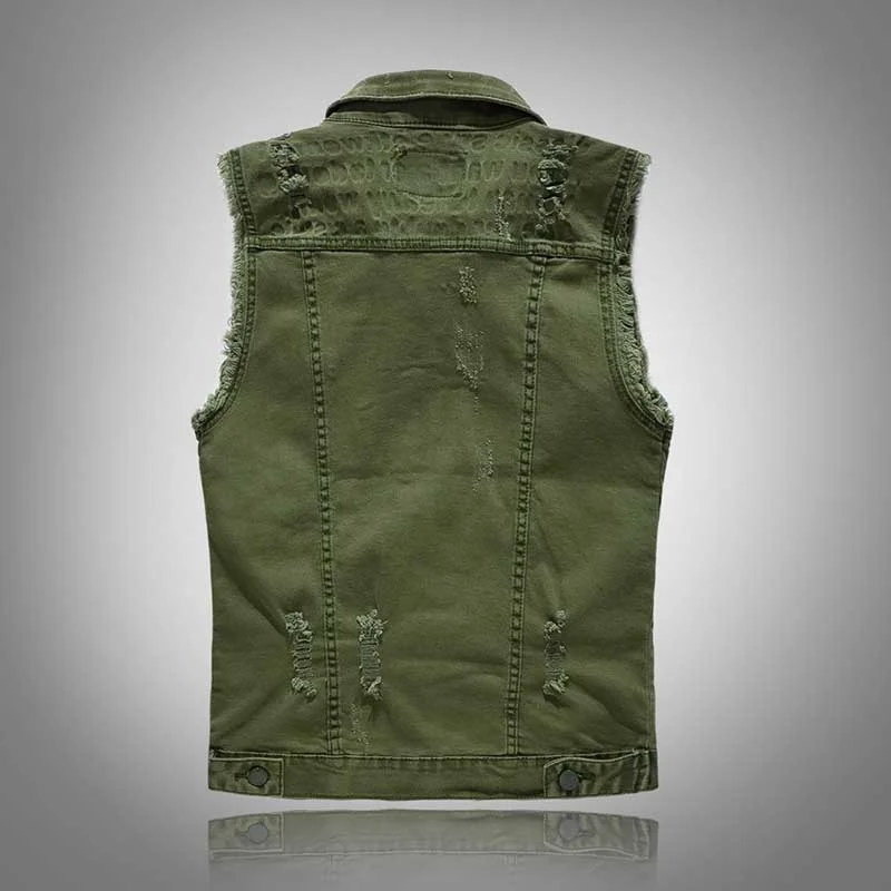 Армейский зеленый жилет, мужская рваная куртка без рукавов с кисточками, повседневные джинсы для похудения, хлопковый жилет в корейском стиле 2
