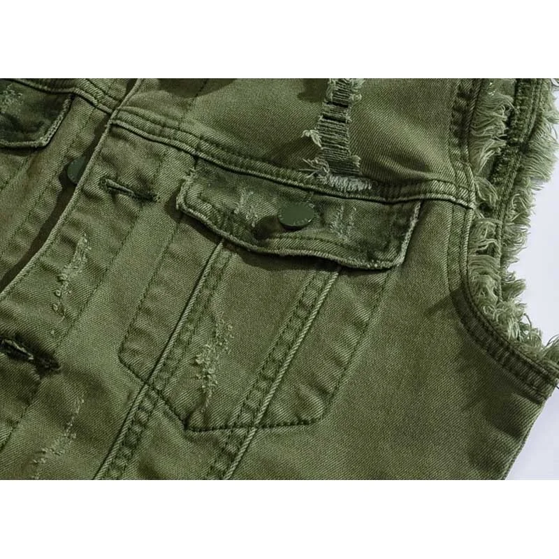 Армейский зеленый жилет, мужская рваная куртка без рукавов с кисточками, повседневные джинсы для похудения, хлопковый жилет в корейском стиле 3
